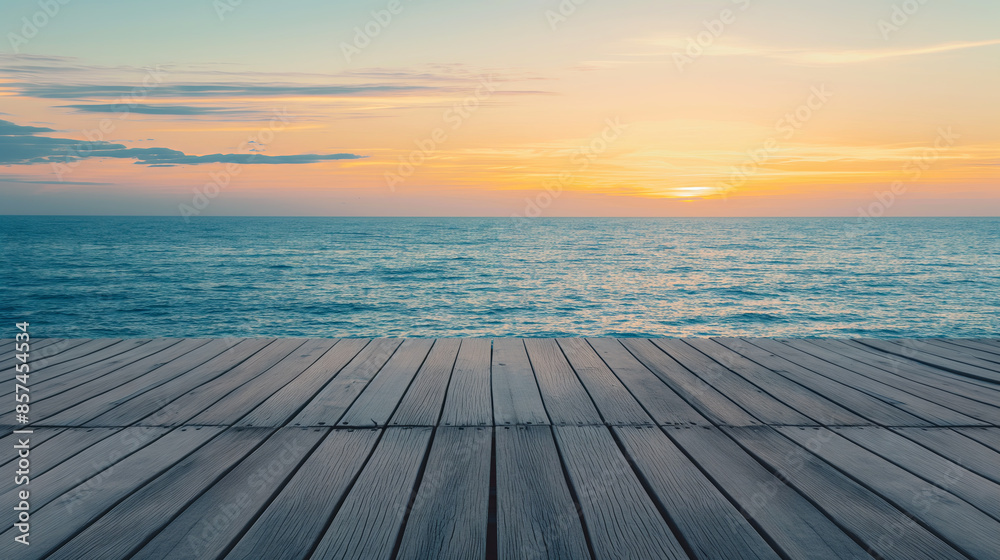 Fototapeta premium Empty wood floor and sea background 