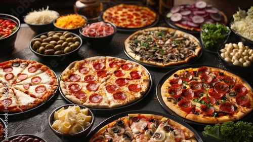 Assortment of delicious pizzas with various toppings on a table, gourmet dining experience