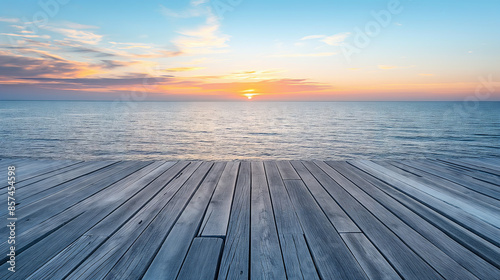 Empty wood floor and sea background  