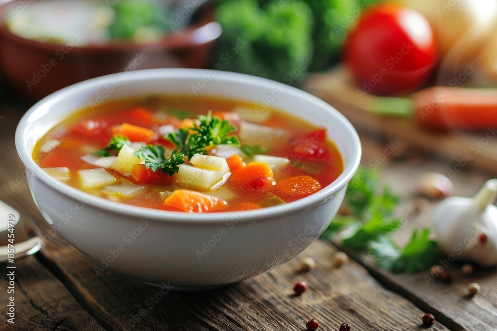 Vegetable soup in bowl on table Vegetable soup in bowl on table
