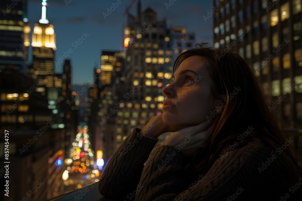 Fototapeta premium A woman sits on a rooftop, gazing out at the city skyline, illuminated by the glow of streetlights and buildings