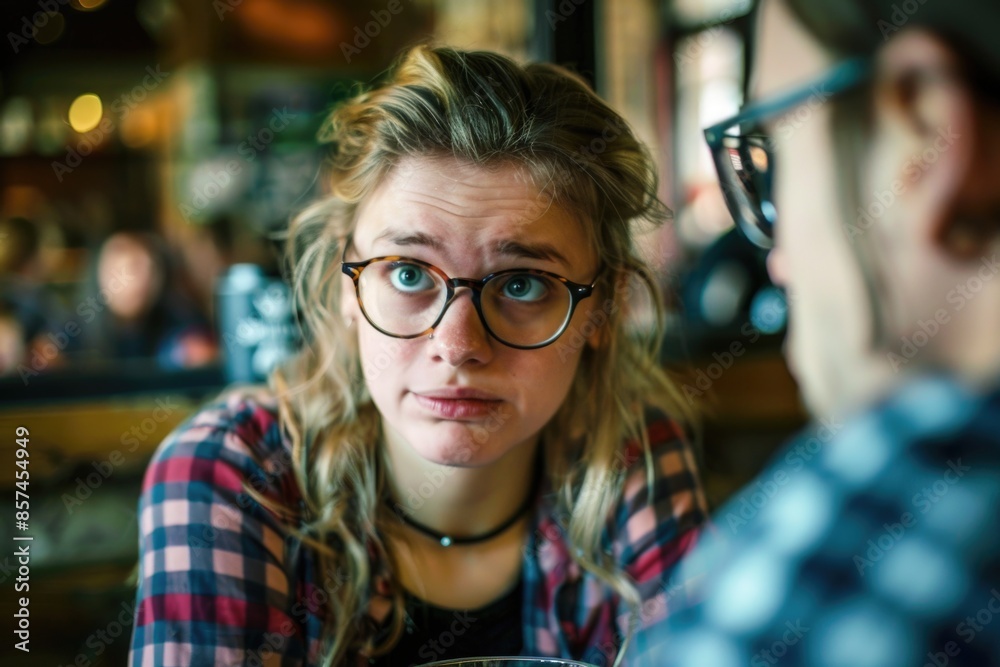 A young woman with blonde hair and glasses, wearing a plaid shirt, focuses intently on someone out of frame A young woman with blonde hair and glasses, wearing a plaid shirt, focuses intently on someone out of frame