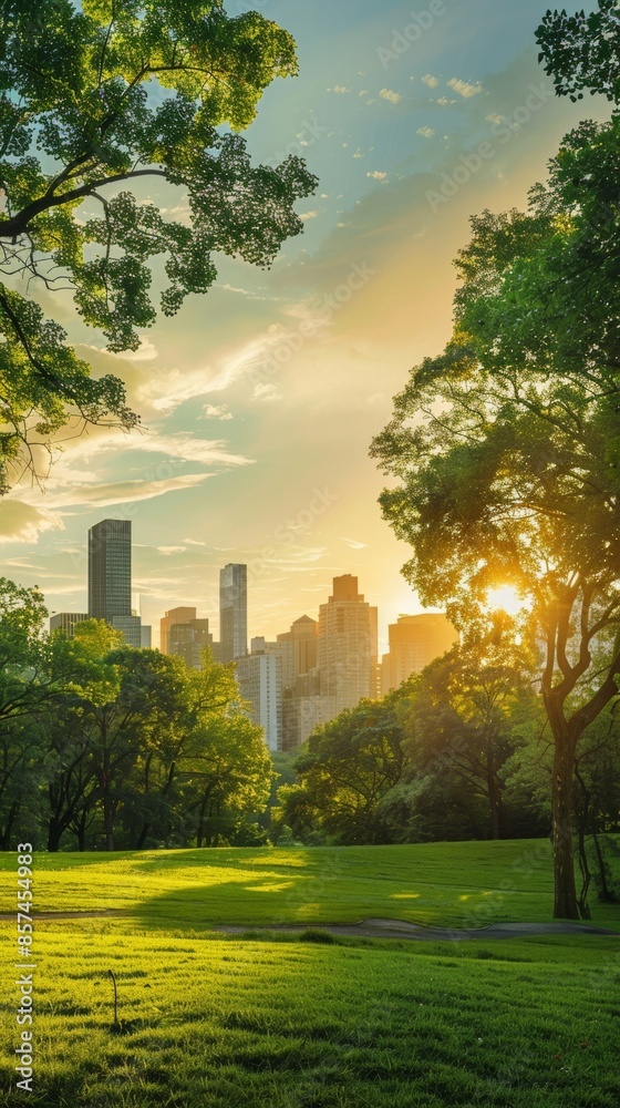 Central park landscape with city skyline at sunset, urban nature concept
