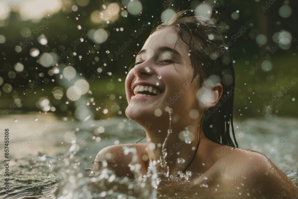 Obraz premium A young woman with dark hair laughs as she emerges from the water, her face glowing with happiness