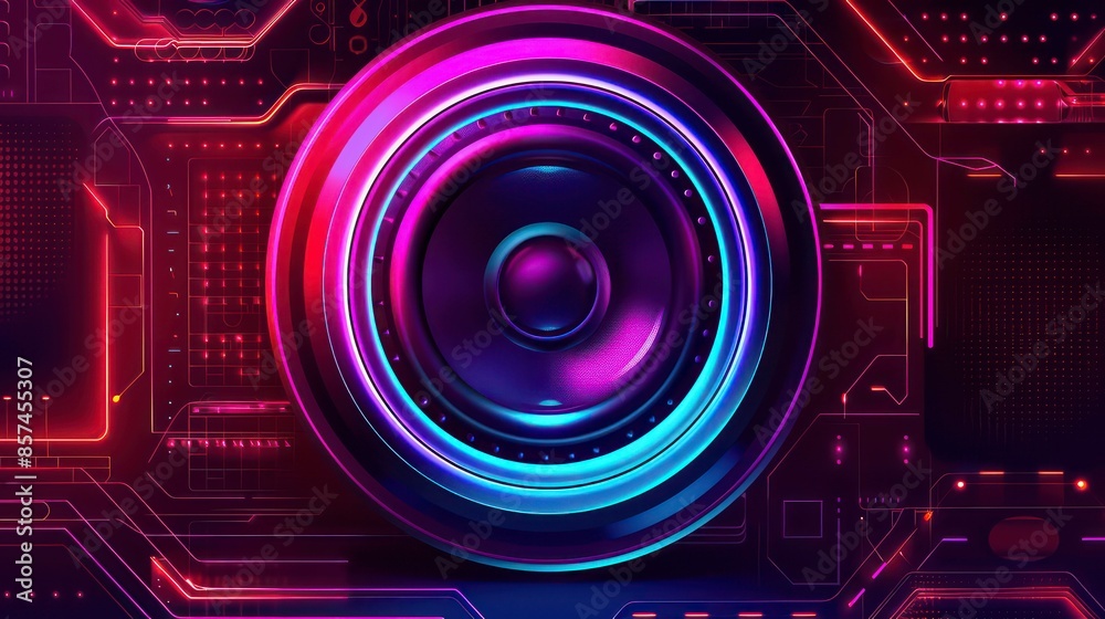 Music party poster template in neon colors. Music speaker with . Robotic sound system on background of digital lights. Background of disco musical banner Music party poster template in neon colors. Music speaker with . Robotic sound system on background of digital lights. Background of disco musical banner