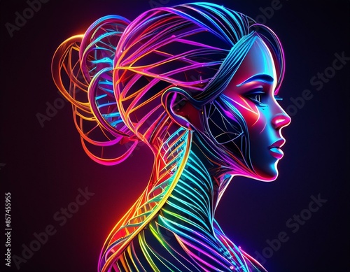 Abstract neon colorful outlining of woman on black background; side profile; DNA medical concept