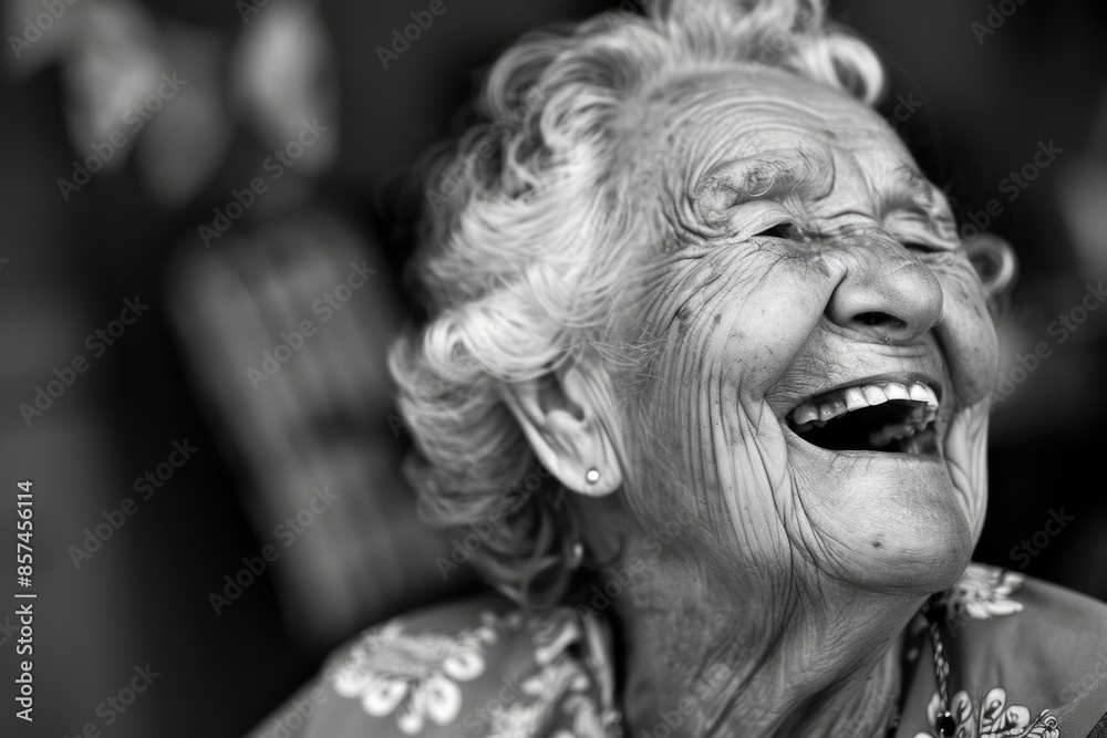 A black and white portrait of a senior woman, her face etched with time, radiating joy and happiness as she laughs A black and white portrait of a senior woman, her face etched with time, radiating joy and happiness as she laughs