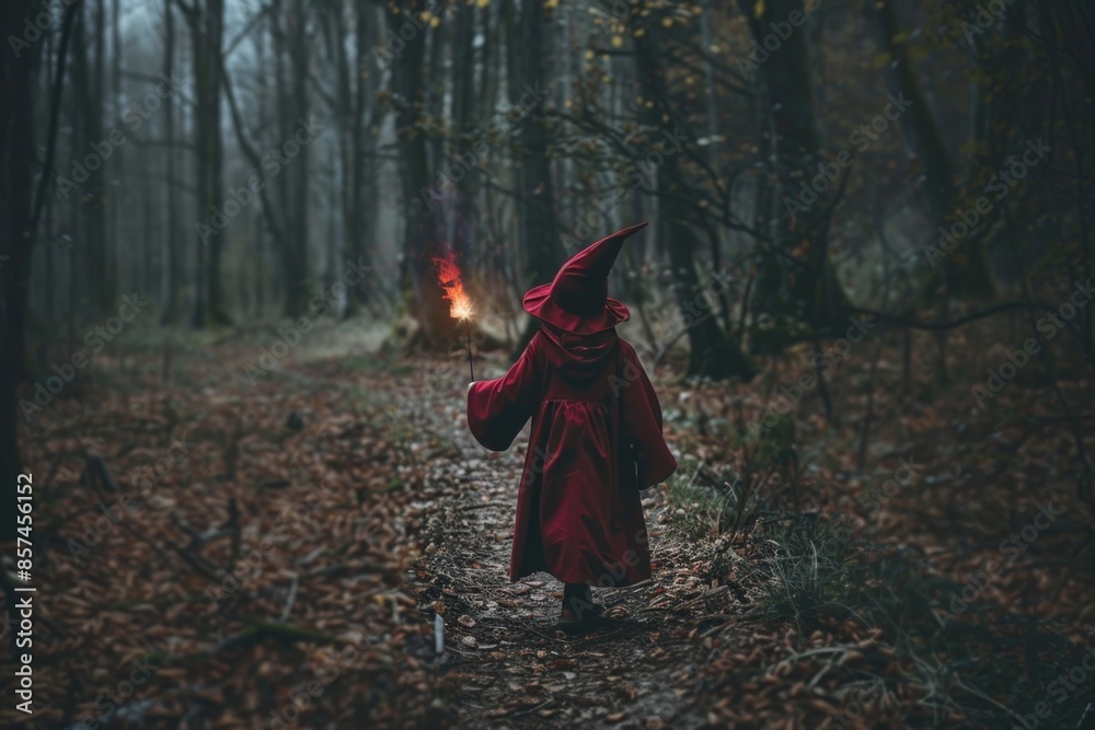 A young witch walks through a dark, mysterious forest, her red robe trailing behind her A young witch walks through a dark, mysterious forest, her red robe trailing behind her