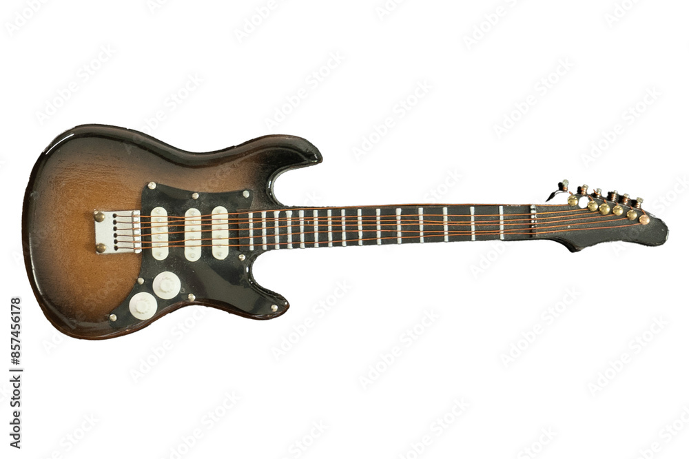 A guitar with a black and brown finish
