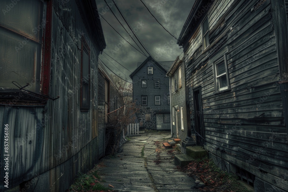 A dark alley with wooden buildings and a dark sky A dark alley with wooden buildings and a dark sky