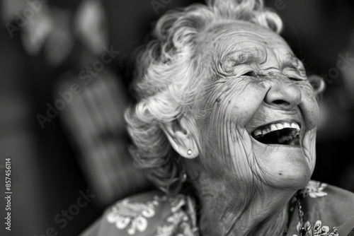 A black and white portrait of a senior woman, her face etched with time, radiating joy and happiness as she laughs © Konstiantyn Zapylaie