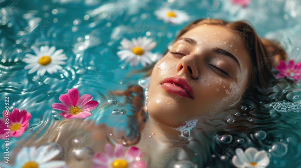 A woman relaxes in a pool surrounded by flowers, suitable for lifestyle or wellness theme images A woman relaxes in a pool surrounded by flowers, suitable for lifestyle or wellness theme images