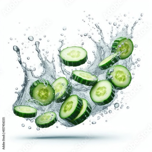 Cucumbers slices falling and flying with water splash isolated on a white background