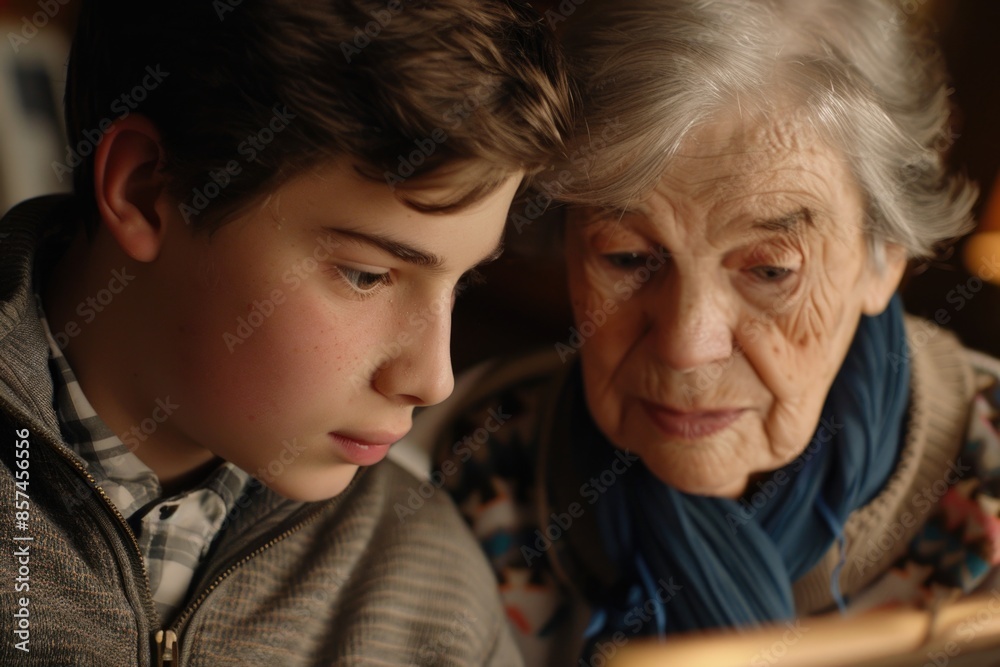 A young boy and an elderly woman look intently at a book, sharing a moment of quiet storytelling and connection A young boy and an elderly woman look intently at a book, sharing a moment of quiet storytelling and connection