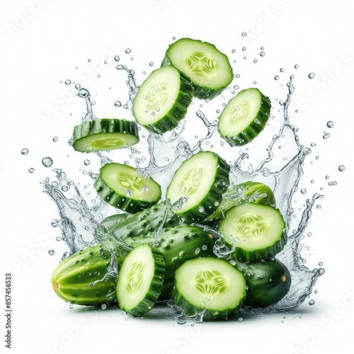 Cucumbers slices falling and flying with water splash isolated on a white background