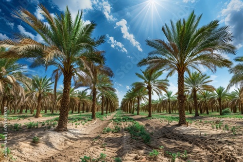 Wide view of date palm plantation thriving photo