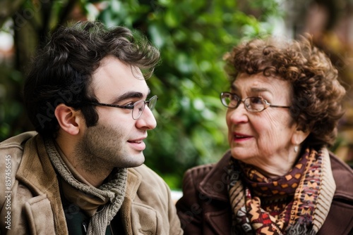 A man in glasses and a brown jacket attentively listens to an older woman with curly hair, engrossed in their conversation outdoors