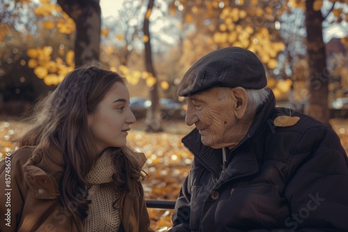 A young woman and an elderly man share a moment in an autumnal park. They appear to be in conversation, with the woman looking at the man with warmth and interest