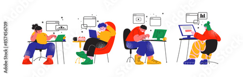 Cartoon characters office workers using a laptop. People sitting at a table with a PC computer. Mascots in the office and coworking space, vector flat illustration in retro doodle style