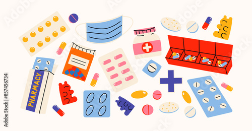 Set medicines pills and capsules in cartoon style. Set pharmaceutical elements for a pharmacy. Quick aid and treatment products, dietary supplements