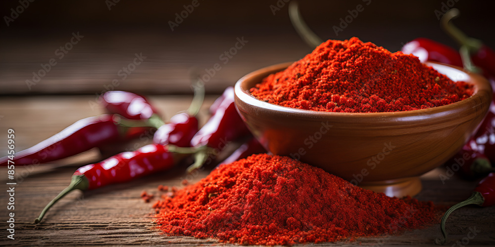 A view of ground red hot chilly peppers in a small bowl. A view of ground red hot chilly peppers in a small bowl.