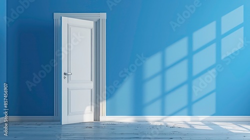 Opened door to bright future, a bright exit door in empty blue room, concept of breaking through, promising future, copy space. Generative AI