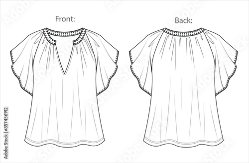 Vector short sleeve top with ruffles fashion CAD, woman blouse with frills and decorative stitch technical drawing, template, sketch, flat. Jersey or woven fabric top with front, back view,white color