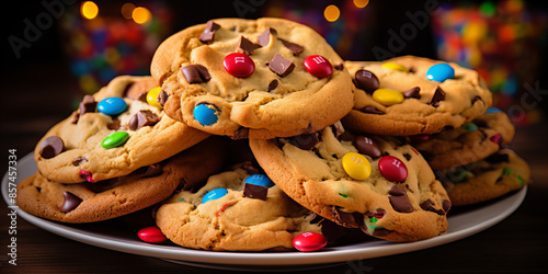 Lot of cookies with color smarties putted on white plate.