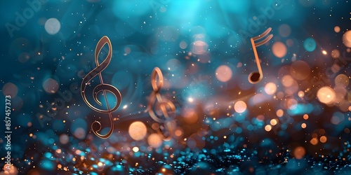 Musical symbols overlay blurred lights creating harmony and creativity in abstract art. Concept Abstract Art, Musical Symbols, Blurred Lights, Harmony, Creativity