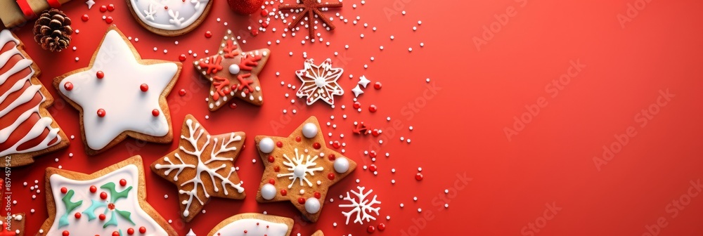 Festive Christmas Cookies and Decorations on Vibrant Red Background, copy space