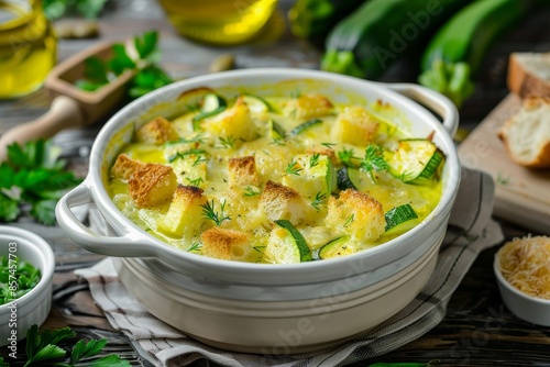 Zucchini casserole with croutons oil and veggies photo