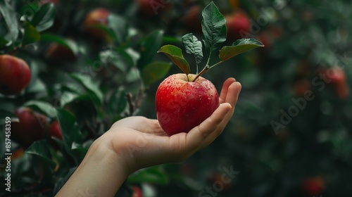 A close-up of a hand holding a red apple in a lush garden, symbolizing healthy eating and natural produce