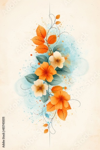 Watercolor Painting of Orange Flowers and Leaves on a White Background