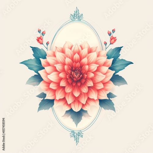 A Single Pink Dahlia Flower With Elegant Ribbon In Front Of A White Oval Frame