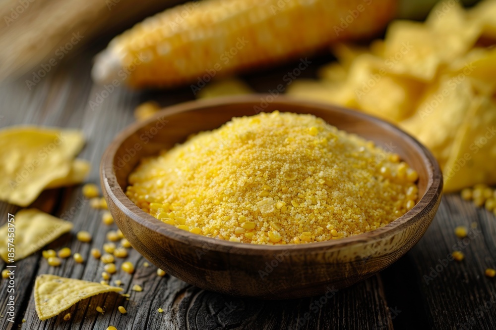 Wooden bowl of cornmeal with homemade tortilla chips and cobs of corn in the back, Wooden bowl of cornmeal with homemade tortilla chips and cobs of corn in the back,