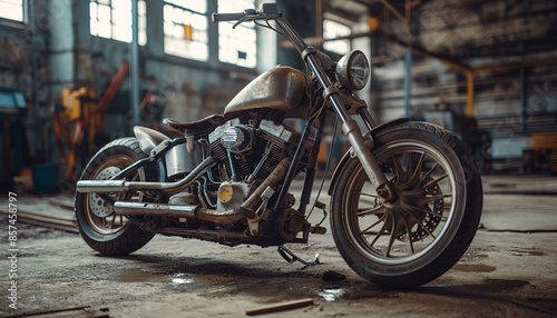 An old, rusty motorcycle stands in a spacious, abandoned factory setting, suggesting a sense of past industrial glory © gearstd