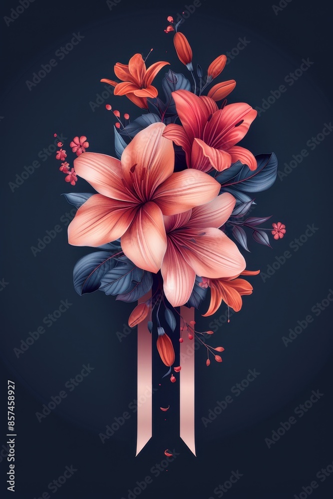 Obraz premium Pink And Orange Lily Bouquet With Elegant Ribbon Against A Dark Blue Background