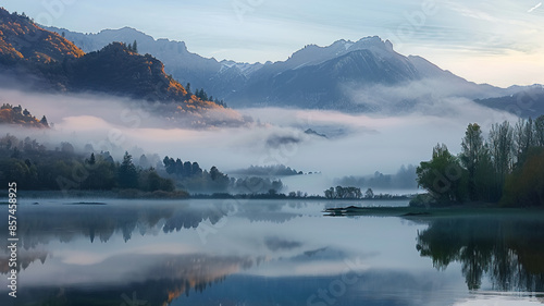 Tranquil scene foggy mountain reflects autumn dawn, AI Generative.