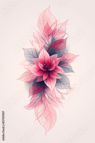 Delicate Pink Flower and Leaves on a Light Background