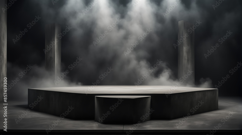 Podium black dark smoke background product platform abstract stage texture fog spotlight. Dark black floor podium dramatic empty night room table concrete wall scene place display studio smoky dust	