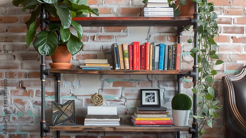 Obraz premium industrial-inspired shelving unit made from pipes and reclaimed wood, displaying an eclectic mix of books, plants, and art objects in a trendy urban loft