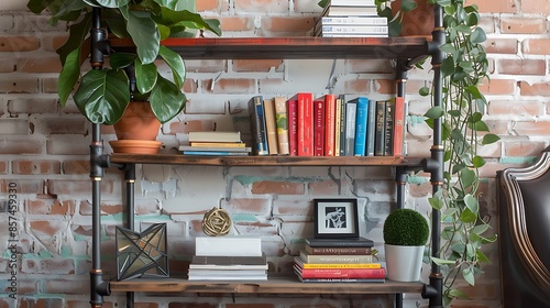 industrial-inspired shelving unit made from pipes and reclaimed wood, displaying an eclectic mix of books, plants, and art objects in a trendy urban loft