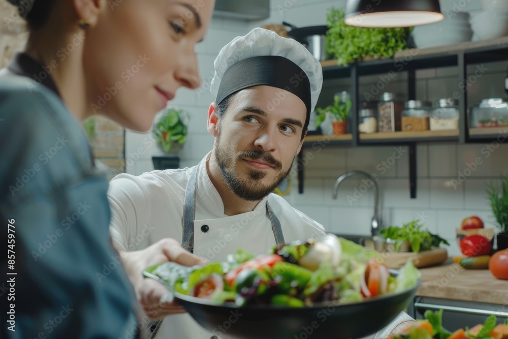Chef consulting his trainee while cooking salad Chef consulting his trainee while cooking salad