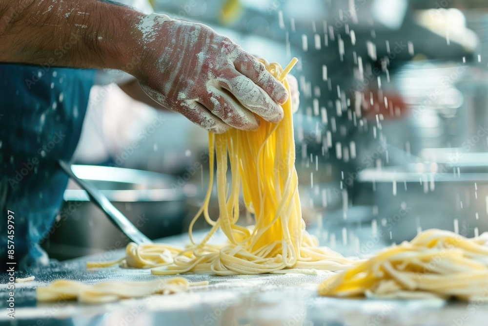Obraz premium Chef cooking pasta in italian restaurant kitchen