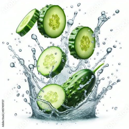 Cucumbers slices falling and flying with water splash isolated on a white background