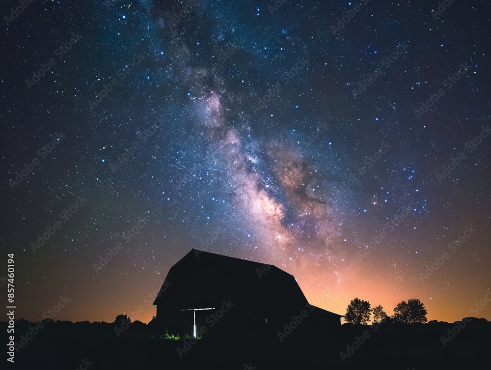 Barn under a starry night sky, with the Milky Way visible above and the ...