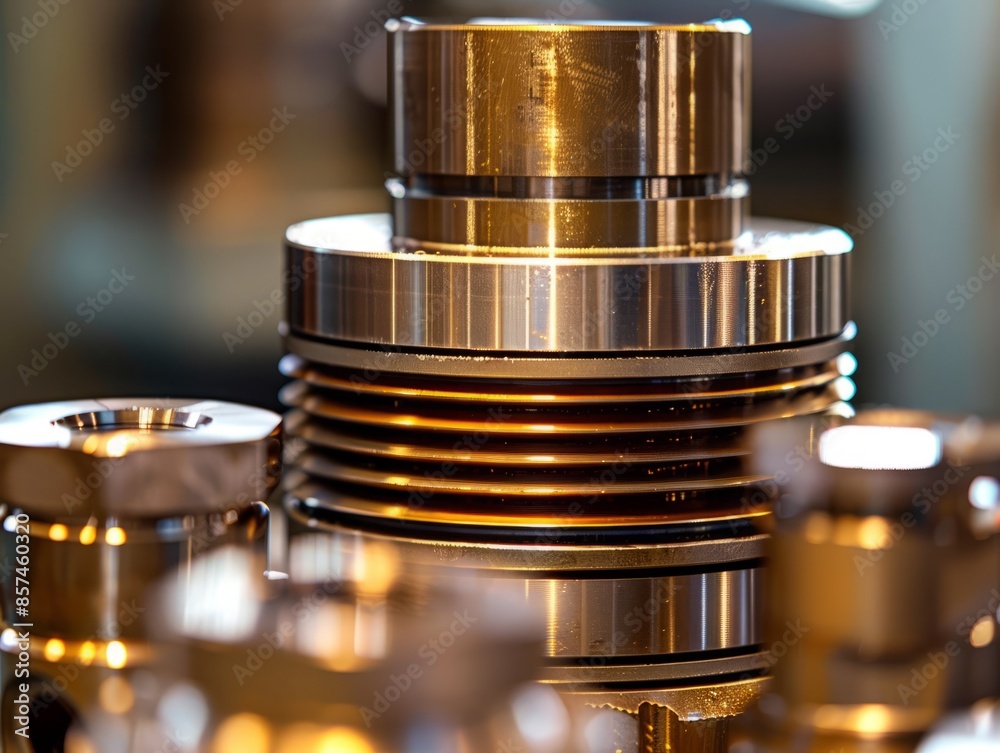 Macro shot of a polished industrial machine part with intricate metal details.