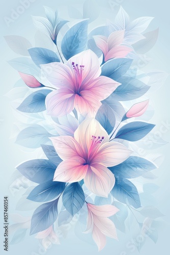 Delicate Pink Flowers With Blue Leaves on a Light Blue Background