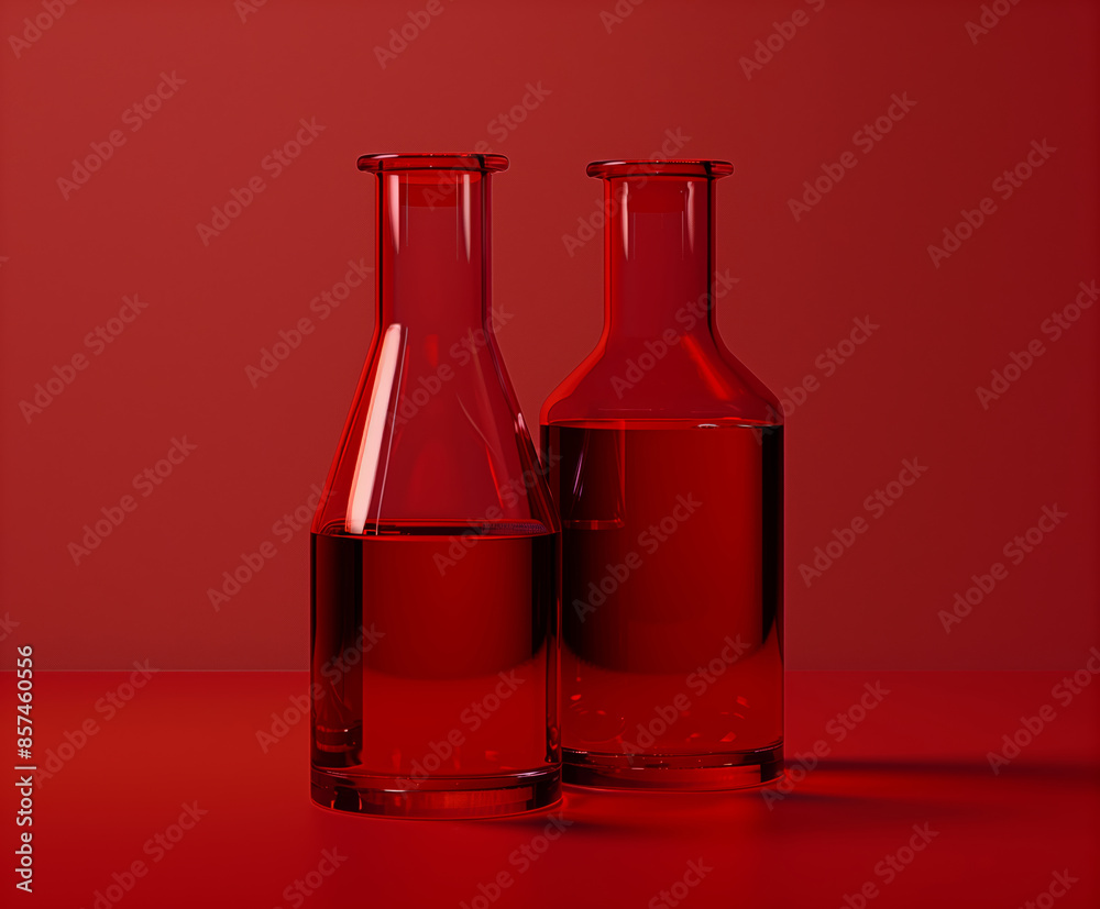 two lab bottles, red background two lab bottles, red background