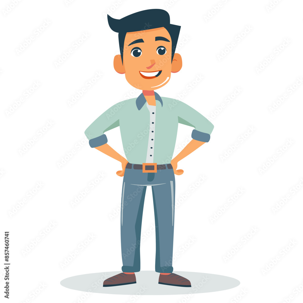 Young man standing with hands on hips, smiling and looking at camera. Vector illustration in cartoon style. Young man standing with hands on hips, smiling and looking at camera. Vector illustration in cartoon style.